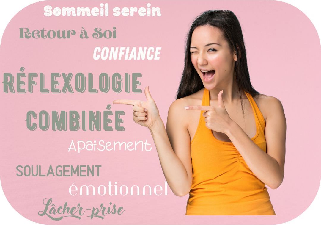 Photo représentant une femme montrant du doigt des mots sur le thème de la réflexologie